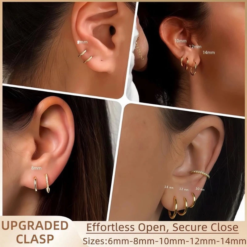 5 Pairs 14K Gold Plated Huggie Hoop Earrings for Women Lightweight Minimalist Small Hoops Multiple Piercing Stack Set Earrings