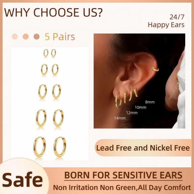 5 Pairs 14K Gold Plated Huggie Hoop Earrings for Women Lightweight Minimalist Small Hoops Multiple Piercing Stack Set Earrings