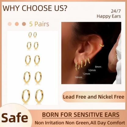 5 Pairs 14K Gold Plated Huggie Hoop Earrings for Women Lightweight Minimalist Small Hoops Multiple Piercing Stack Set Earrings